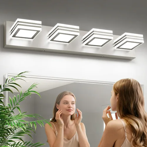 Vista 17 de SOLFART Lámparas LED para tocador de baño: 3 luces de níquel cepillado moderno acrílico para pared de baño sobre espejo de 20 pulgadas 5CCT Níquel