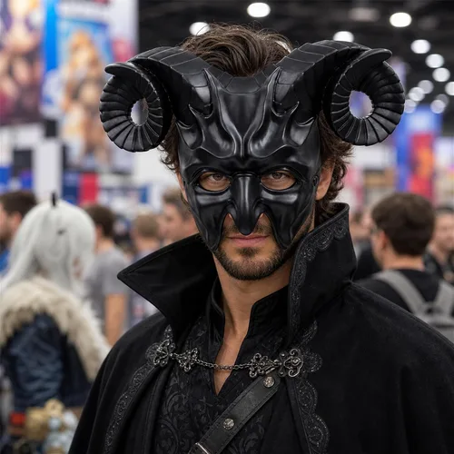 Vista 7 de MCJC Máscara con cuernos de cabra de diablo, accesorios de cosplay de Halloween, máscara de media cara para adultos, 4
