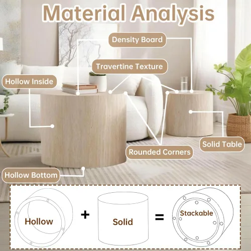 Vista 4 de Juego de 2 mesas auxiliares redondas de travertino de 18 pulgadas (travertino) for Living Room, Travertine Side End Table, Nested Design, Mid