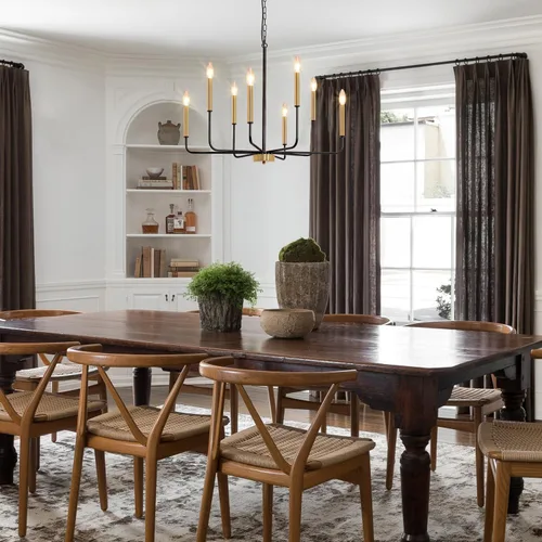 Vista 7 de Candelabro de 8 luces negras y doradas: candelabros estilo vela de 29.5 pulgadas con brazos de candelabro - Moderna lámpara de comedor de granja