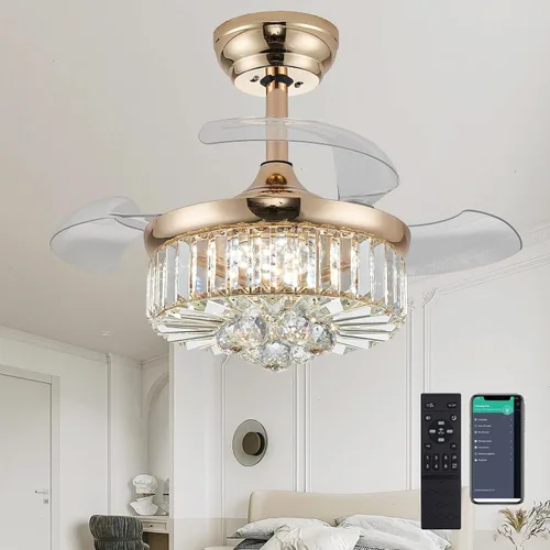 Vista 9 de DuMaiWay Ventilador de techo de 30 pulgadas con lámpara de cristal de luz, ventilador de techo reversible moderno, regulable, temporizador Negro