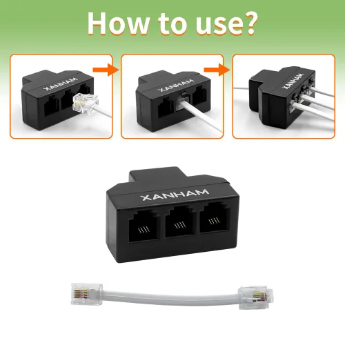 Vista 5 de Cable RJ11 Divisor de 3 vías, conector 6P4C, adaptador de cable de línea telefónica con cable de 3 pulgadas para cable de teléfono fijo, negro
