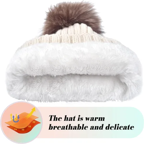 Vista 4 de Juego de 3 gorros de punto de invierno para mujer, bufanda y guantes para pantalla táctil con pompón