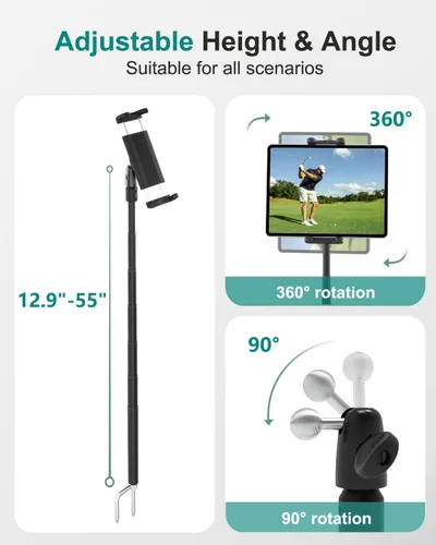 Vista 2 de Palo monopie de golf, soporte para tableta de golf para iPad y teléfono de 4 a 13 pulgadas, soporte analizador de swing de golf con palo de selfie