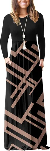 Vista 11 de GRECERELLE Vestido largo de manga larga para mujer, casual, cuello redondo, holgado, sólido floral, maxi largo con bolsillos, S-3XL A-Negro