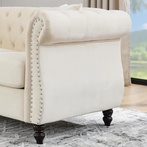 Vista 7 de Sofá Chesterfield de terciopelo beige de 80 pulgadas para sala de estar, 2 piezas, sofá de 3 plazas, con botones copetudos, respaldo curvado, brazos
