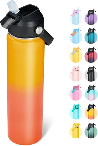 Vista 41 de Fijinhom Botella de agua aislada de acero inoxidable de 18 oz, de boca ancha, de doble pared, con vacío, con pajita de silicona, a prueba de sudor