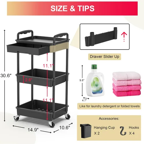 Vista 4 de Goovilla Organizador de carrito utilitario de 3 niveles con cajón extraíble, carritos de almacenamiento rodantes negros estables y resistentes con 2