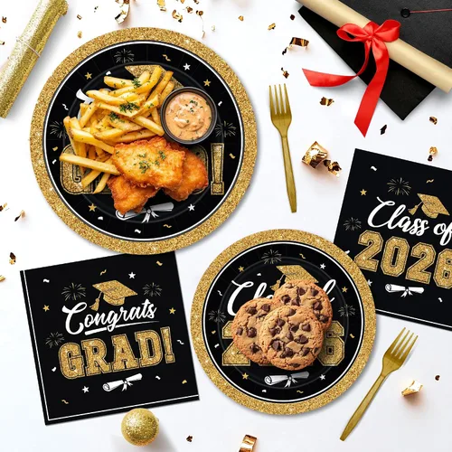Vista 5 de QZYL 200 suministros para fiesta de graduación 2026, platos y servilletas de graduación negros y dorados, platos de postre desechables y tenedores