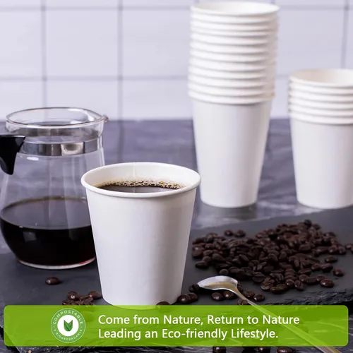 Vista 6 de MayTree Vasos de papel compostables y biodegradables de 8 onzas para agua caliente, soporte para té, para llevar y taza de café fría, paquete de 250