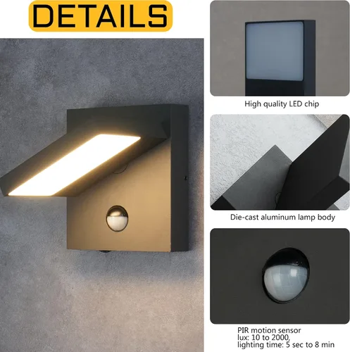 Vista 5 de Lustrlach Lámpara LED de pared con sensor de movimiento para exteriores, montaje en pared exterior con cabezal de lámpara ajustable para casa