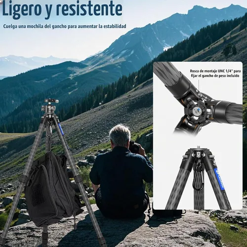 Vista 4 de LEOFOTO Trípode de fibra de carbono de 58 pulgadas, trípode compacto de viaje ligero para cámara sin espejo, DSLR, 4 secciones con diámetro máximo