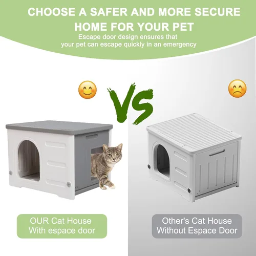Vista 2 de Casa impermeable para gatos al aire libre, casa de plástico para gatos con puerta de escape y alfombrilla suave, refugio grande para gatos