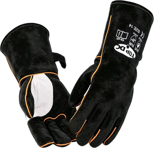 Vista 9 de TOPDC Guantes de trabajo de cuero para hombres o mujeres, guantes de cuero de piel de vaca para jardinería, soldadura TIG/MIG, motosierra, granja