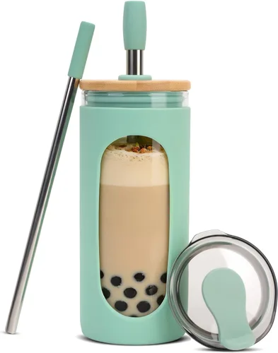 Vista 15 de Sursip - Vaso de vidrio de 20 oz con tapas y popotes, taza de café helado reutilizable de vidrio de borosilicato con tapa de bambú para batido, jugo