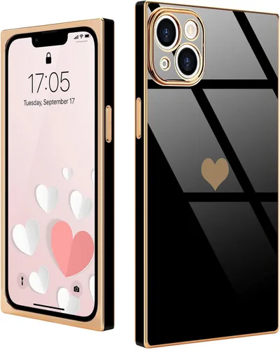 Vista 70 de Compatible con iPhone 12 Funda Rectangular Bonita Chapado Dorado Lujo Corazón de Amor Funda de Teléfono para Mujeres Niñas A Prueba de Golpes
