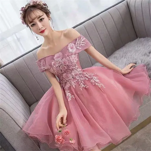 Vista 5 de Dydsz Vestido corto de tul con apliques de hombro descubierto para mujer, vestido de fiesta de graduación para adolescentes y jóvenes