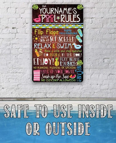 Vista 2 de Letreros personalizados de reglas de la piscina, letreros de metal para decoración de piscina exterior divertida - Arte de pared para decoración