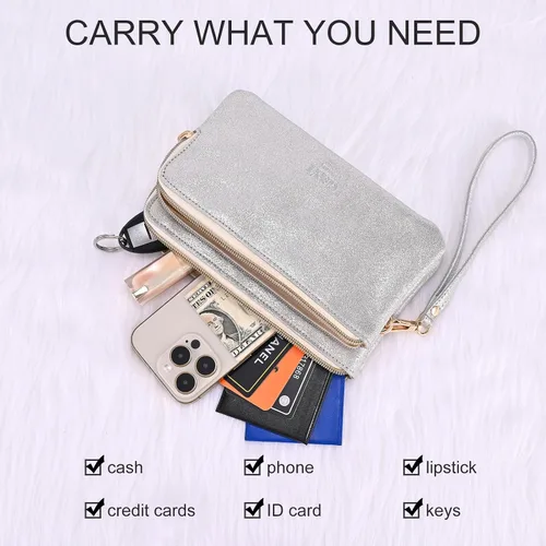 Vista 4 de GAYI URBAN Cartera de mano de cuero genuino con doble cremallera para mujer