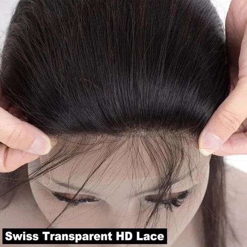 Vista 2 de Cierre de encaje de cabello humano lacio 4x4, parte libre HD, encaje suizo 100% sin procesar, cabello virgen brasileño 150% de densidad, color negro