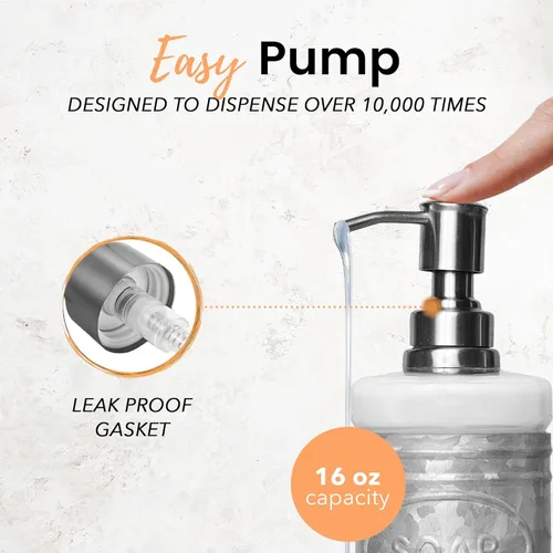 Vista 5 de Autumn Alley Dispensador de jabón de vidrio y galvanizado para lavado de manos, desinfectante, loción – 16 oz. Dispensador de jabón rústico