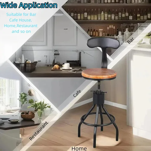 Vista 5 de Juego de 2 taburetes de bar industriales con respaldo de 23 a 33 pulgadas, asiento giratorio de madera, isla de cocina, comedor, taburete