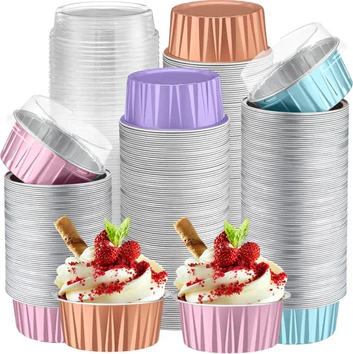 Vista 17 de Paquete de 200 forros de aluminio para cupcakes con tapas, color negro, liso 5 oz Round Baking Cup, Disposable Ramekin Container, Wedding