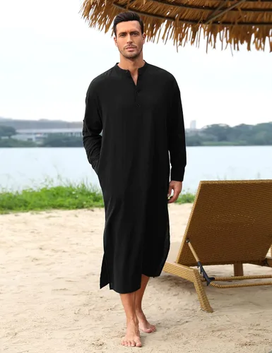 Vista 3 de TURETRENDY Bata de manga larga para hombre, estilo caftán, con botones, estilo Henley, casual, con abertura lateral, con bolsillo
