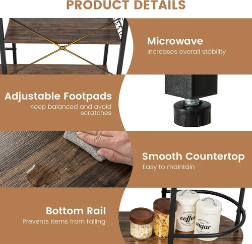 Vista 6 de Giantex Estante de cocina para panaderos, soporte para microondas de 4 niveles con 6 ganchos y estantes para copas, estante superior desmontable