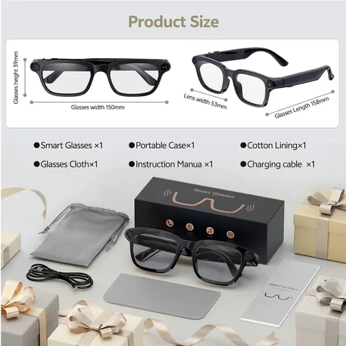Vista 8 de Lentes inteligentes AI con cámara de 13 MP, audio Bluetooth, control de voz y traducción en tiempo real, gafas inteligentes de oreja abierta