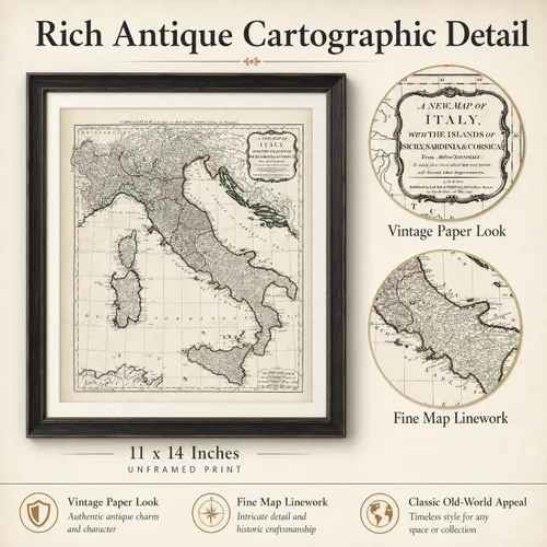 Vista 2 de 1794 Italy Map: Cartografía vintage para entusiastas de la antigüedad y aficionados a la historia - Póster topográfico de 11 x 14, exploración