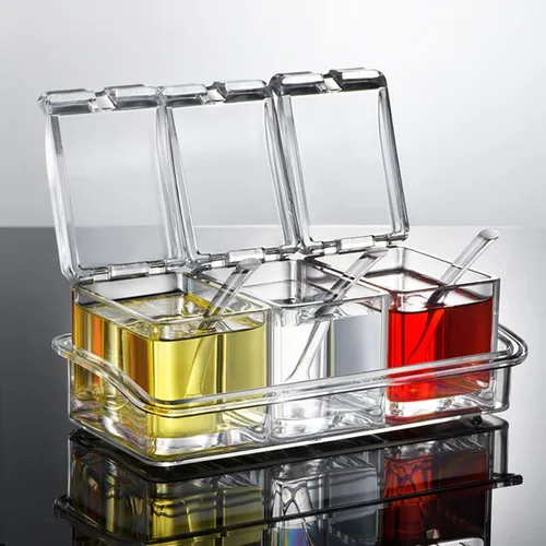 Vista 2 de V·RESOURCING Caja de condimentos transparente, 3 piezas de recipientes de especias con soporte para condimentos, sal y azúcar, con 3 cucharas