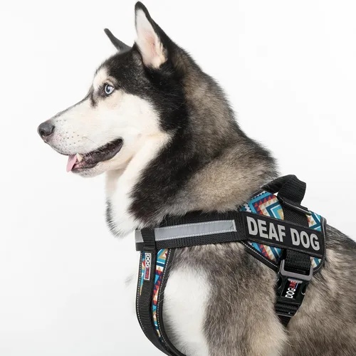 Vista 5 de Dogline Unimax - Arnés para perro con parches para perros sordos reflectantes sin tirones, correas ajustables, neopreno transpirable para médicos