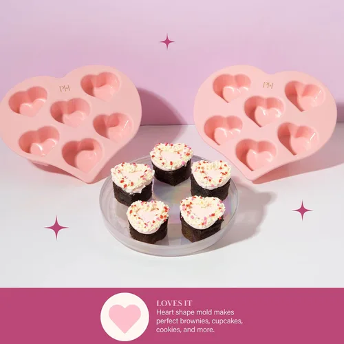 Vista 4 de Paris Hilton Molde de silicona con forma de corazón, molde antiadherente en forma de corazón, apto para horno para pasteles, brownies y postres, 6