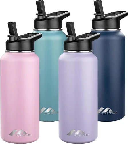 Vista 17 de StarSpeed Botella de agua aislada de 32 onzas con tapa con pajilla, botella de agua al vacío de doble pared de acero inoxidable, botella de agua
