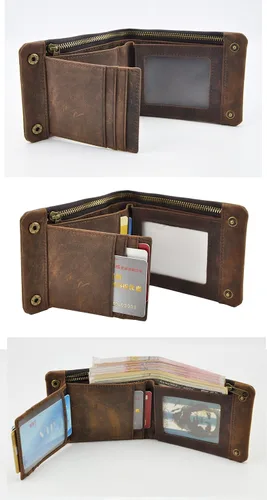 Vista 5 de Le'aokuu Cartera de piel auténtica para hombre 1003 con cadena a presión horizontal estándar (marrón)
