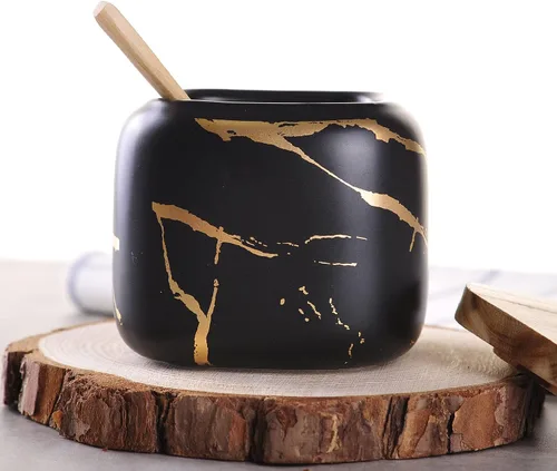 Vista 3 de VanEnjoy Tarro de porcelana decorativo de mármol con tapa de bambú y cuchara para condimentos para el hogar