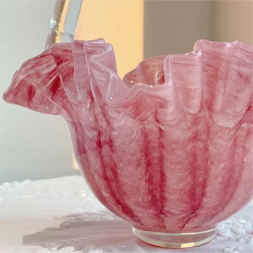 Vista 3 de YY Pink Basket Handmade Vase for Flowers Glass Bag Vase, Handbag Shape Flower vase, Blown Pink Flower Vase for Basket, Unique Flower Vase with