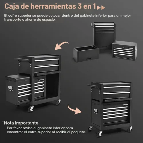 Vista 4 de Nightcore Caja de herramientas con ruedas de 6 cajones, armario de herramientas 3 en 1 con ruedas y sistema de bloqueo con llave, caja de Negro