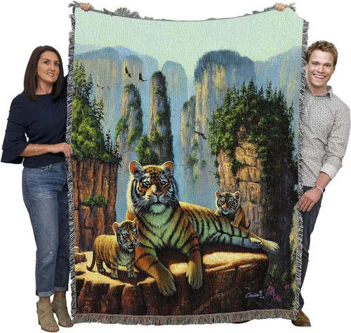 Vista 14 de Pure Country Weavers Manta de tigre del Santuario de la mañana, manta de regalo tejida de algodón, fabricada en los Estados Unidos (72 x 54 pulgadas)