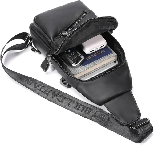 Vista 5 de BULLCAPTAIN Bolso bandolera de cuero para hombre, mochila cruzada con puerto de carga USB, mochila casual para hombro y pecho