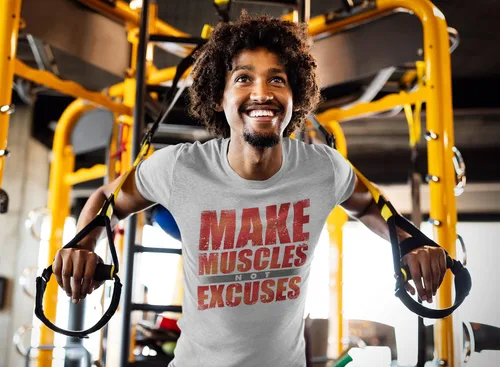 Vista 7 de Make Muscles Not Excuses Fitness for Men - Camiseta de gimnasio novedosa de material suave - Gráfico de gimnasio de entrenamiento - Amantes