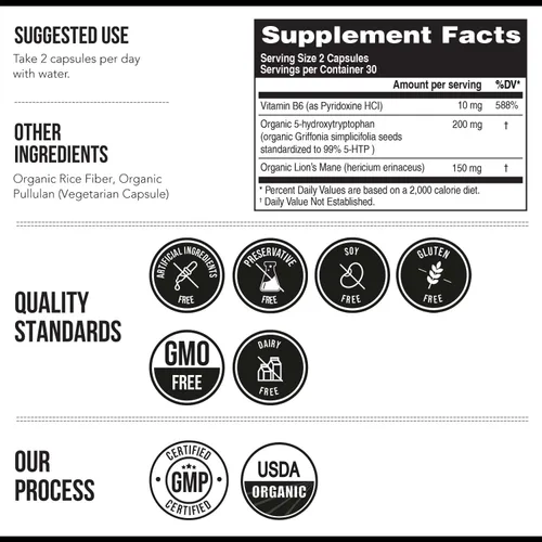 Vista 7 de 5-HTP Orgánico - 200 mg Concentración de 99% de 5HTP, más Vitamina B6 Cofactor y Lion’s Mane Extraído del Agua de Semillas de Griffonia