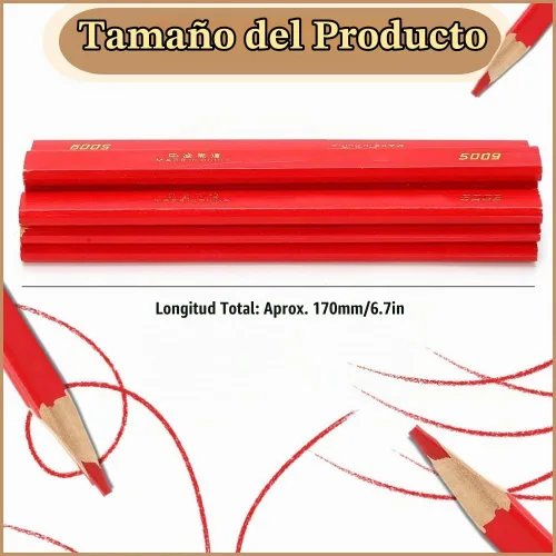 Vista 5 de Lápices de carpintero, 10 lápices duros octogonales rojos para carpintería y marcado de hormigón