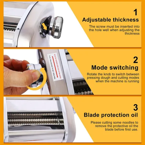 Vista 3 de Máquina eléctrica para hacer pasta, rodillo de fideos de acero inoxidable con motor integrado de 60 W, 8 ajustes de grosor, cortador de fideos