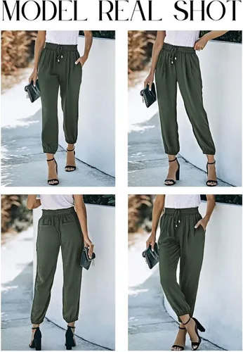 Vista 5 de Welinone Pantalones casuales de cintura elástica con cordón y bolsillos para mujer
