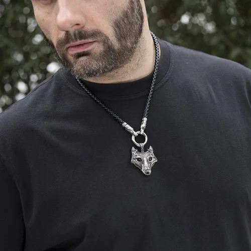 Vista 2 de BAVIPOWER Colgante de cabeza de lobo con collar de cuero trenzado de acero inoxidable, collar escandinavo nórdico auténtico, joyería vikinga