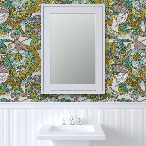 Vista 9 de Muestras de papel tapiz para despegar y pegar, mostaza, menta, flores, garabatos, líneas, puntos, círculos, estilo vintage, bohemio, papel tapiz