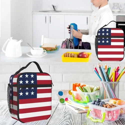 Vista 5 de Lonchera con diseño de bandera estadounidense, bolsas de almuerzo aisladas para mujeres/hombres/niñas/niños, con asa desmontable, bolsa de comida