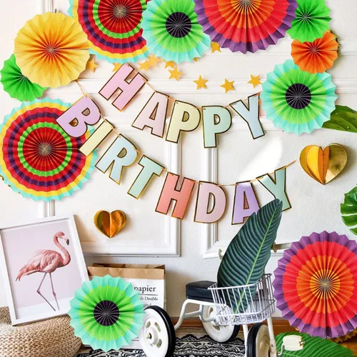 Vista 7 de LRCXL Juego de 12 abanicos de papel para colgar en fiestas, guirnaldas de papel con patrón redondo, suministros de fiesta para Año Nuevo, baby